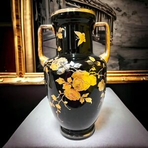 Two-Handled Black Vase With‎ Gold Roses, Leaves & Butterfly. Also, Has Gold Trim